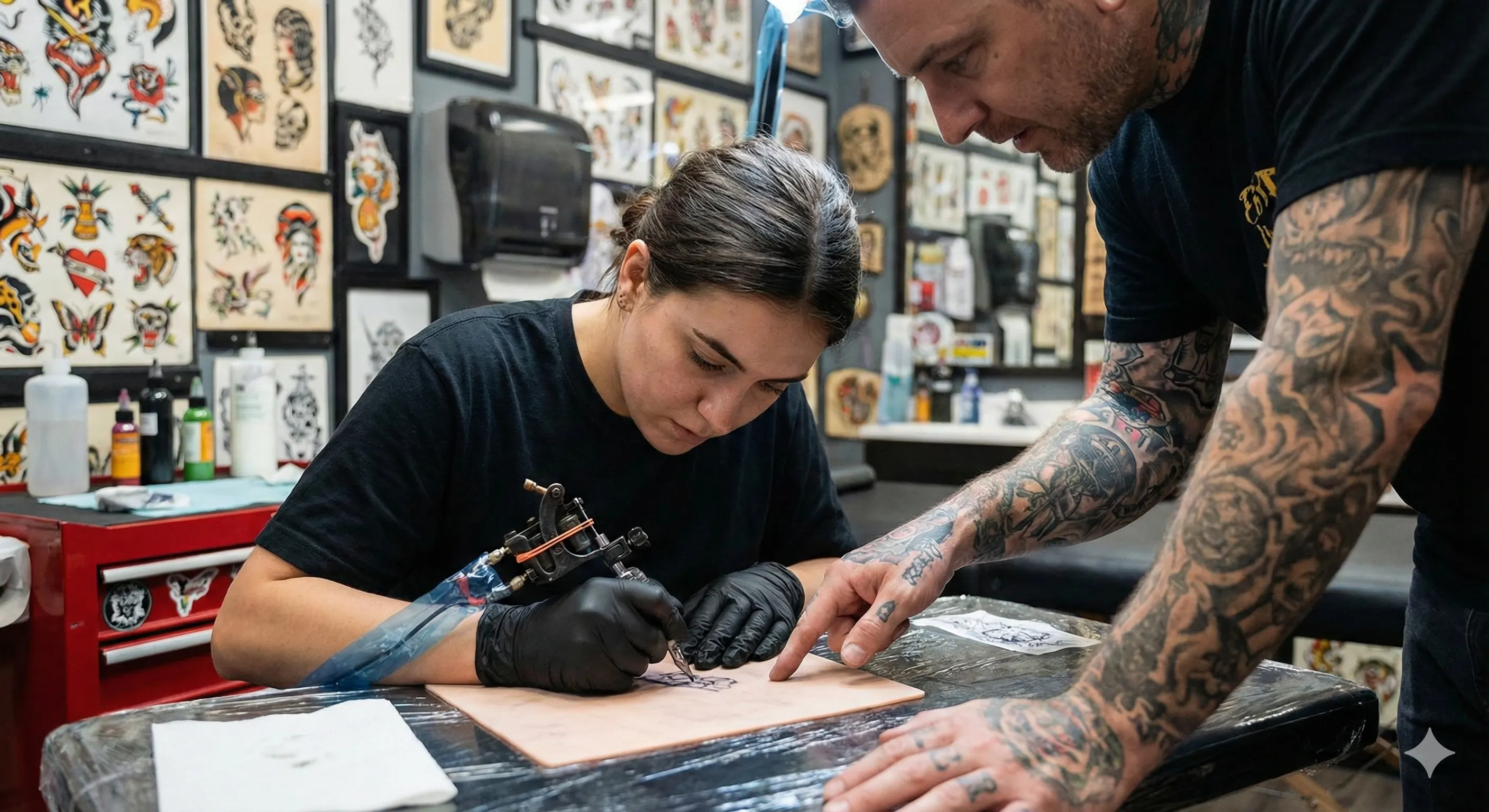 Apprentice learning tattoo techniques