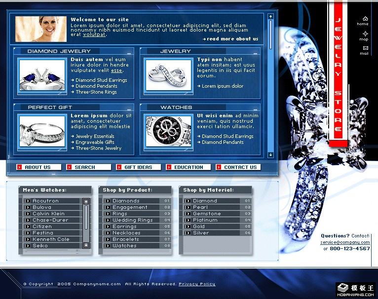 蓝色珠宝首饰手表网页模板-PC预览