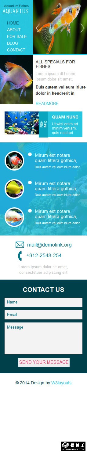 蓝色观赏鱼水族馆响应式网页模板-手机预览