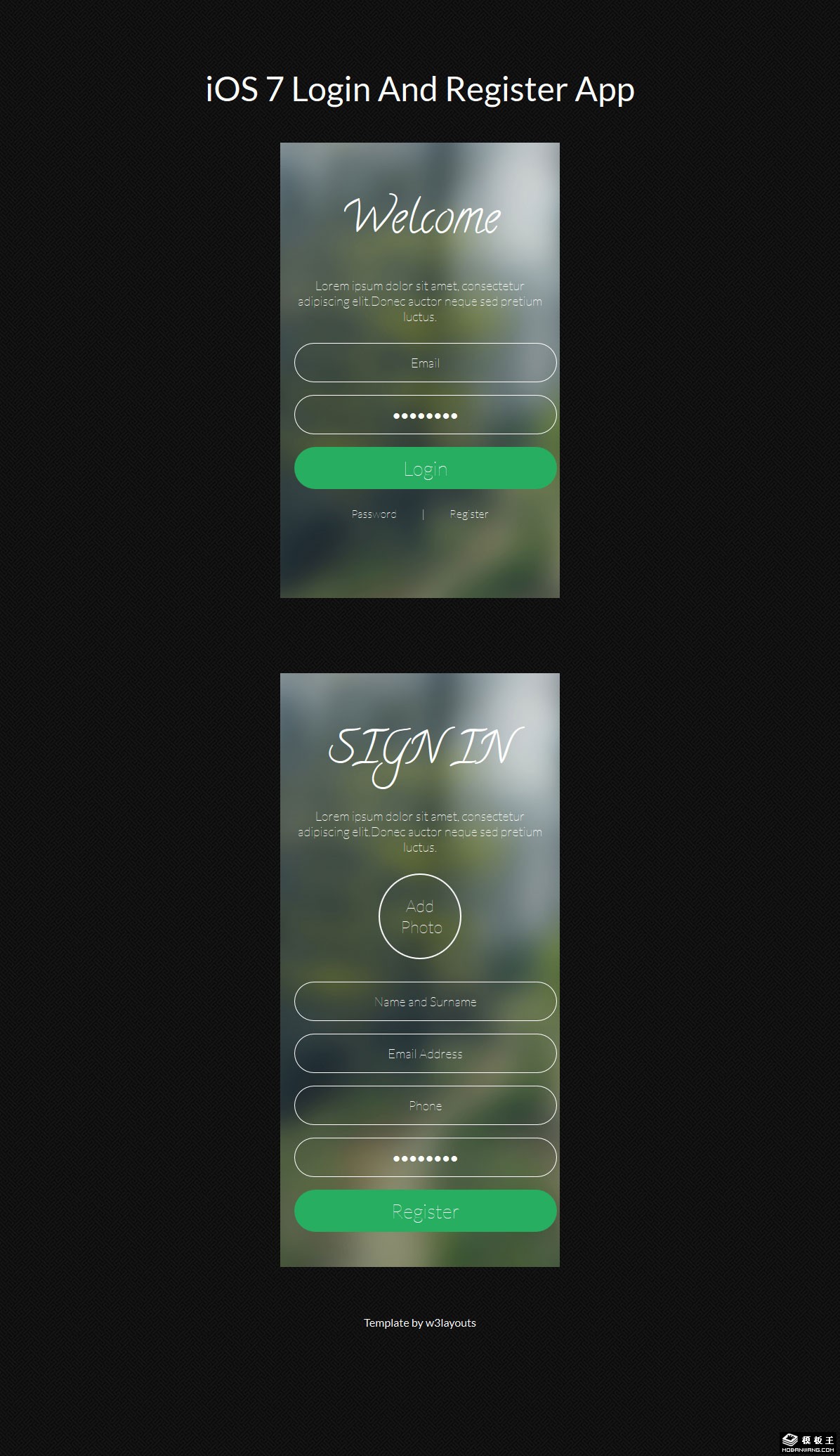 iOS扁平风格注册登录框响应式网页模板-PC预览
