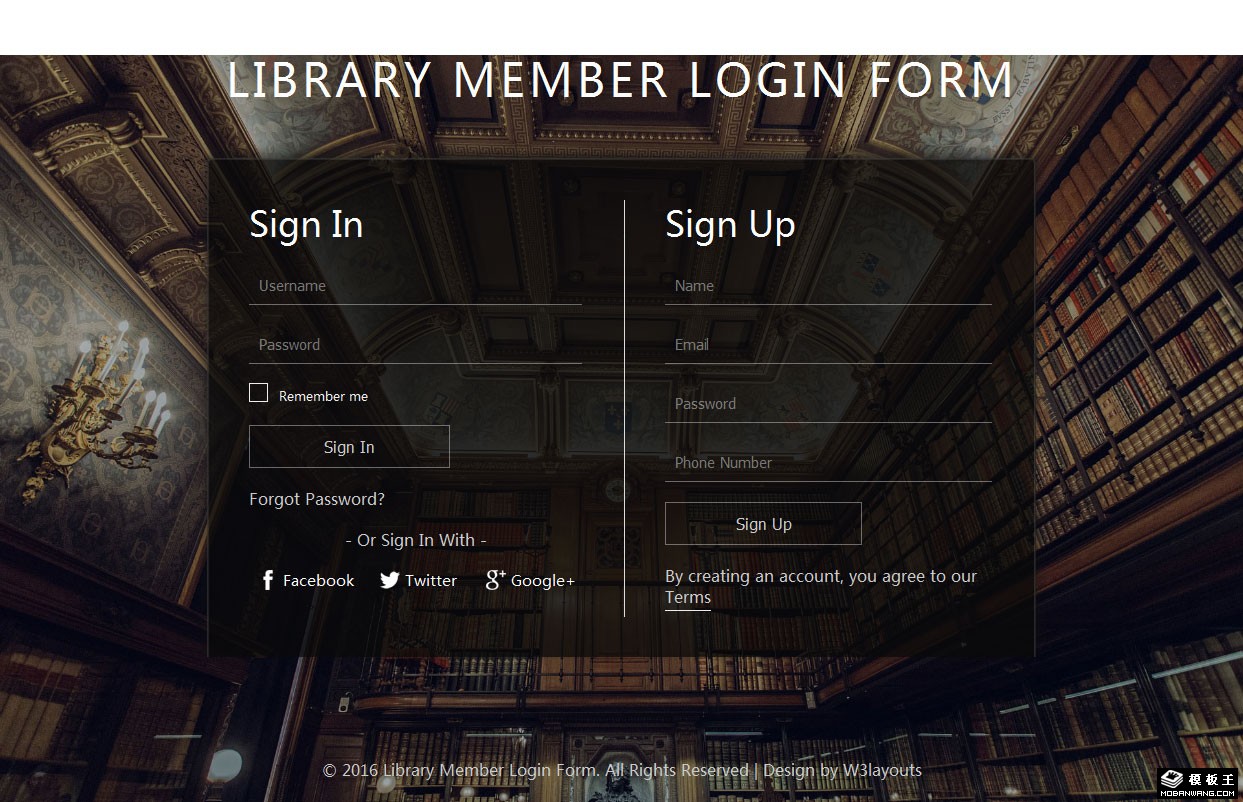 复古图书馆登录注册表单网页模板-PC预览