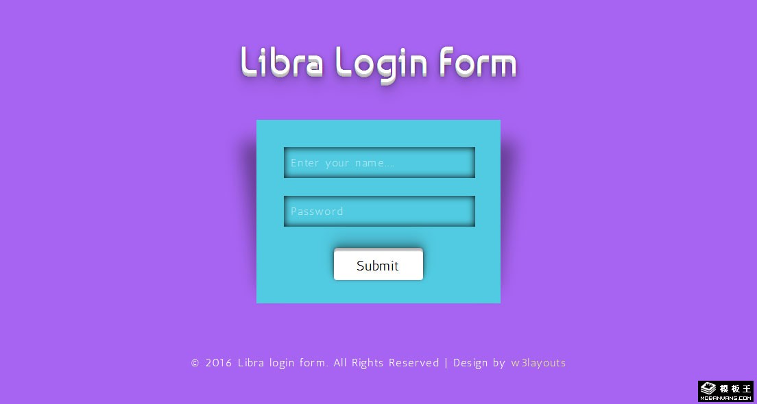 紫色立体阴影登录表单网页模板-PC预览