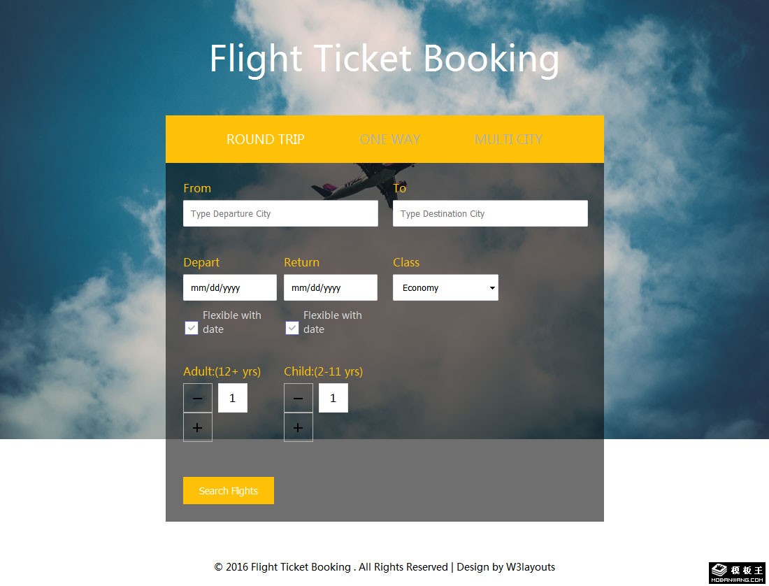 航空机票预订表单响应式网页模板-PC预览
