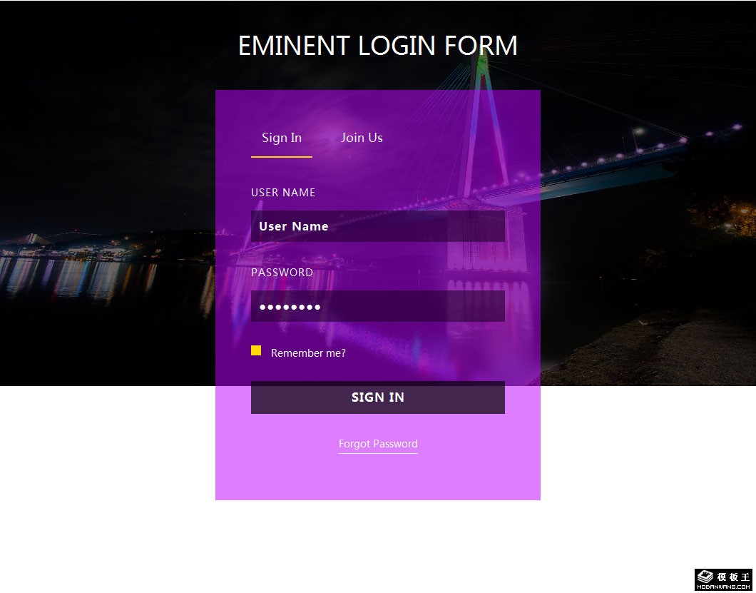 紫色夜景登录框网页模板-PC预览