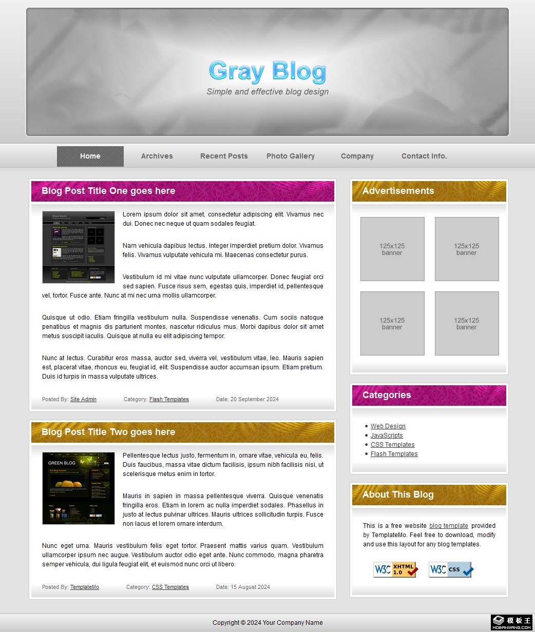 银灰渐变信息BLOG网页模板-PC预览