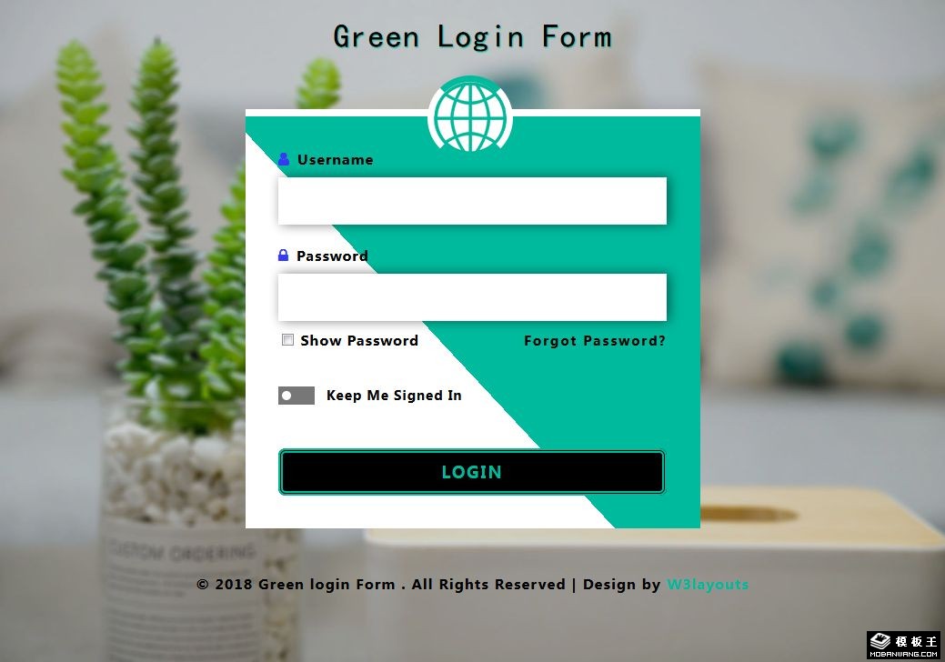 绿色全球登录框响应式网页模板-PC预览