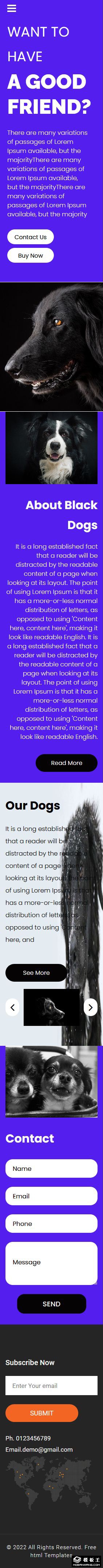 黑犬宠物展示响应式网页模板-手机预览