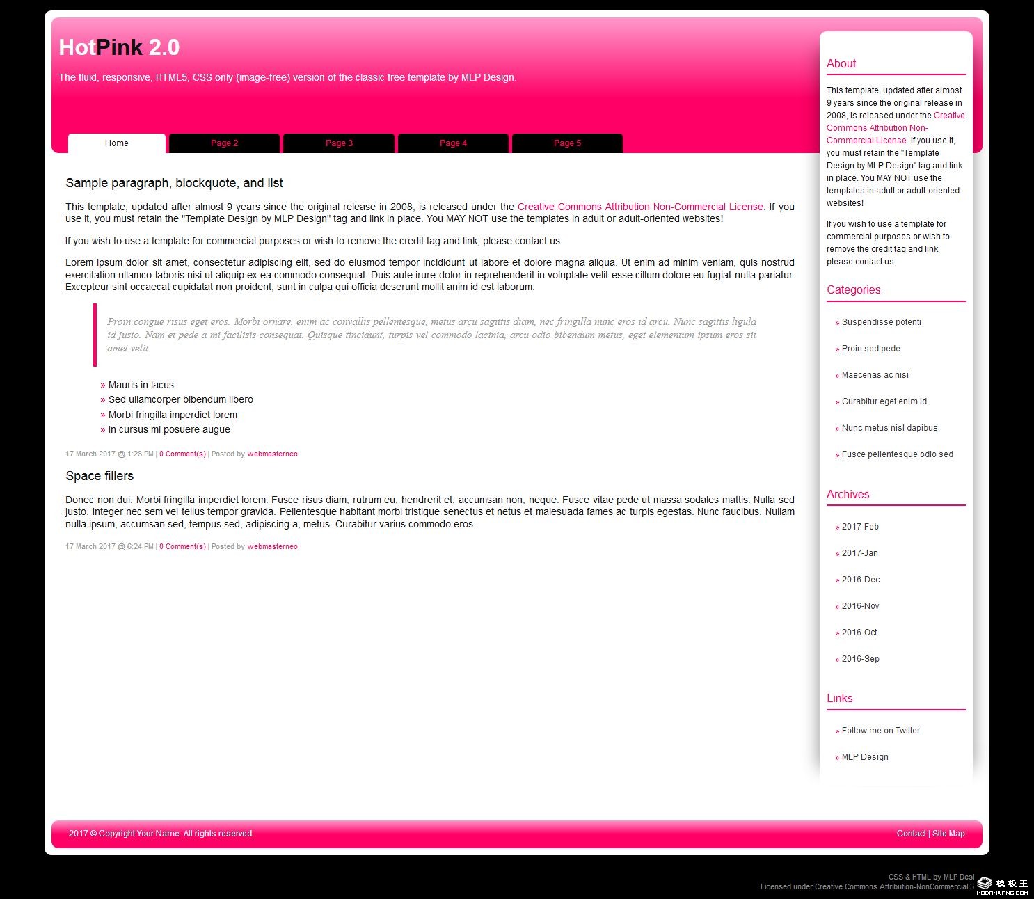粉红二列日志网页模板-PC预览